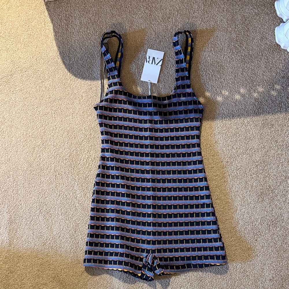 Zara Black and Blue Striped Jumpsuit